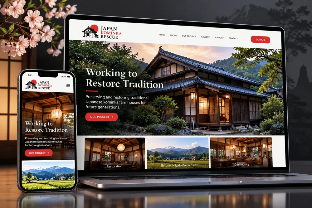 Japan Kominka Rescue website presented on a laptop and smartphone